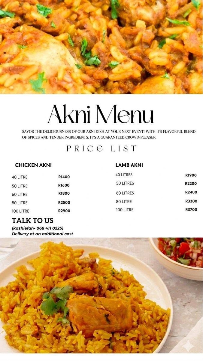 K Foods Akni menu with chicken and lamb akni prices