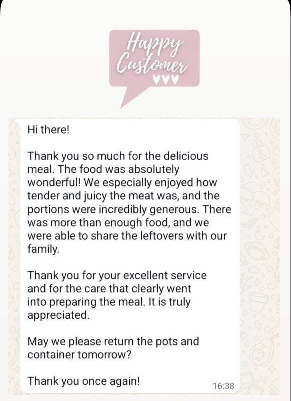 Customer feedback praising the food and generous portions